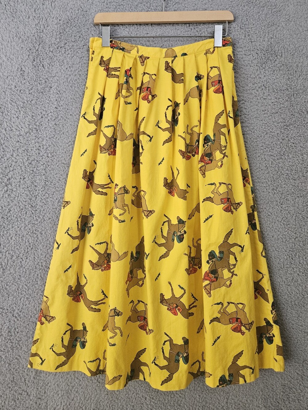 Vintage Equestrian Print Yellow Midi Skirt Small S 4-6 Horse Racing Jockey Derby